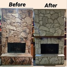 before and after pictures of a stone fireplace