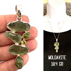 Moldavite crystal necklace with genuine natural moldavite and  peridot and a beautiful piece of polished moldavite which is twice the cost of raw moldavite Solid sterling silver weighing in at 10.4 grams Moldavite, often regarded as one of the highest frequency stones on Earth, is a remarkable gem that holds an extraordinary place in the world of spirituality and metaphysics. Its rarity and the challenge in obtaining it only add to its mystique, making it a cherished gem among those on a spiritu Spiritual Abilities, Highest Frequency, Moldavite Crystal, Raw Crystals, Spiritual Meaning, Raw Crystal, The Challenge, Spiritual Journey, Rarity