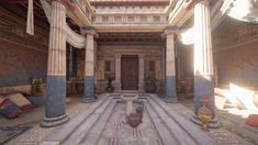 the interior of an old building with columns and decorative decorations on the walls, along with potted plants