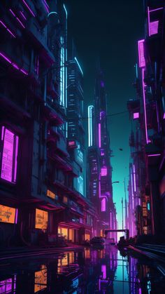 a futuristic city at night with neon lights on the buildings and water reflecting in the street