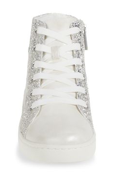 Sparkling glitter adds whimsical flair to these high-top sneakers outfitted with a side zipper for kid-approved finish. Side zip closure; lace-up style Synthetic upper/textile lining/synthetic sole Imported Silver High-top Sneakers With Glitter Accents, Sporty High-top Sneakers For Party, Lace-up Synthetic Sneakers With Glitter Print, Glitter Print Lace-up Synthetic Sneakers, Lace-up Sneakers With Glitter Print, Synthetic Lace-up Sneakers With Glitter Print, Synthetic Lace-up Sneakers With Glitter Accents, High-top Glitter Sneakers For Party, High-top Glitter Print Party Sneakers