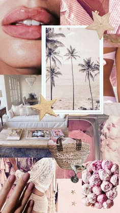 a collage with pink and gold accents, palm trees, lipstick, starfish