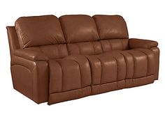 the reclining sofa is made from leather and has two arms that fold down to one side