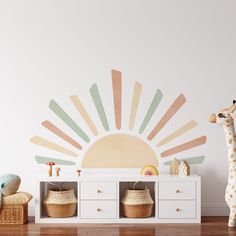 a toy giraffe standing next to a white dresser with baskets on top of it