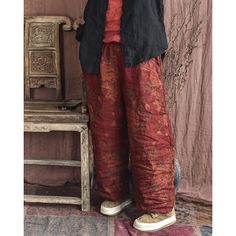 Details: Gender: Women Item Type: Pants Material: Linen Season: Spring, Autumn Pattern: Print Style: Casual, Loose, Retro Waist Type: Elastic Waist Size: One Size Length: 92.00 cm/ 36.22 " Waist: 112.00 cm/ 44.09 " Hip: 138.00 cm/ 54.33 " Red Baggy Trousers, Baggy Red Harem Pants With Pockets, Red Baggy Harem Pants With Pockets, Red Baggy Long Pants, Red Cotton Harem Pants For Fall, Baggy Red Wide-leg Pants, Baggy Red Parachute Pants, Red Baggy Cotton Pants, Red Baggy Wide-leg Pants