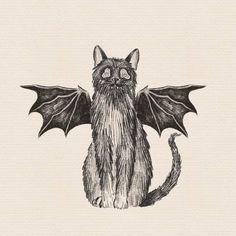 a black and white drawing of a cat with wings