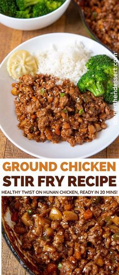 ground chicken stir fry recipe with broccoli and rice on the side in white bowls