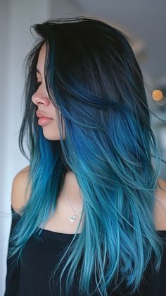 24 Blue Black Hairstyles to Love Cute Hair Color Ideas For Summer, Indigo Ombre Hair, Black To Teal Ombre Hair, Ombré Hair Blue, Dark Roots Blue Hair, Black Hair With Coloured Highlights, Blue Turquoise Hair, Blue Ends On Black Hair, Black Roots Blue Hair