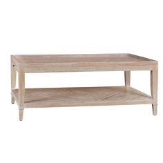 a wooden coffee table with two shelves on each side