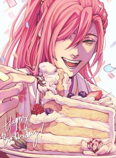 a woman with pink hair holding a piece of cake