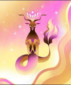 an illustration of a deer sitting on top of a purple and gold snake with stars in the background