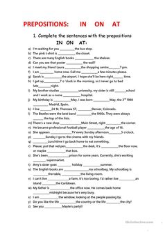 the worksheet for prepositions in on at