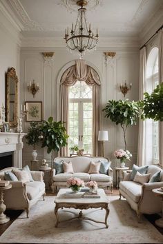 a living room filled with lots of furniture and flowers on top of a coffee table