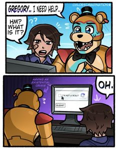 a comic strip with an image of a person and a bear looking at a computer screen