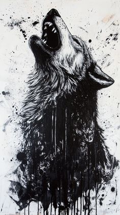 a black and white painting of a wolf with its mouth open