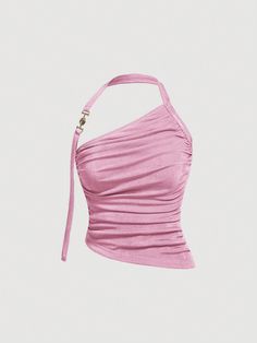 Asymmetrical Neck Ruched Halter Top Pink Casual   Knitted Fabric Plain Halter High Stretch  Women Clothing, size features are:Bust: ,Length: ,Sleeve Length: Ruched Halter Top, Pink Halter Top, Clothes Board, Pi Phi, Tiktok Outfits, Best Friend Outfits, Womens Halter Tops, Elegant Outfits, Rose Bonbon