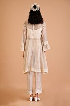 Ivory jute silk tunic with anchor thread and lace hand embroidered yoke. Comes with pant and an inner. - Aza Fashions Silk Shirt Style, Anchor Threads, Short Tunic, Women Kurta, Embroidered Collars, Silk Tunic, Straight Kurta, Embroidered Tunic, Silk Shorts