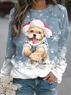 Womens Christmas Tops, Puppy Prints, Christmas Sweaters For Women, Purple Christmas, Christmas Tops, Round Neck Sweatshirts, Sweatshirts Online, Dog Print