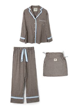 Our Antonia pyjama set, redesigned in brown gingham with baby blue trims. Made from 100% organic cotton, offering maximum cosiness with minimal impact. • Top and bottoms • Matching bag included • Matching eye mask available • Button-down front • Chest pocket • Elasticated waist with functional tie • 100% organic cotton • Designed in London MODEL INFO: Model is 5'10 and is wearing a UK 8. Brown Gingham, London Models, Fashion Designing, Checked Scarf, Hooded Scarf, Striped Scarves, Pink Gingham, Cotton Set, Striped Cardigan