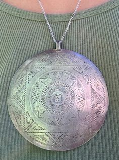 Vintage Mayan Calendar Necklace Silver Medallion Necklace With Etched Details, Silver Etched Medallion Necklace, Calendar Necklace, Mayan Calendar, Arrow Ring, Elephant Necklace, 18k Gold Jewelry, Turquoise Cuff, Onyx Stone