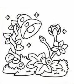 a drawing of flowers and plants in the grass with stars on top, black and white