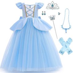 PRICES MAY VARY. ❤ 【 Products include 】 Princess skirt * 1+glove * 1+headband * 1+wand * 1+necklace * 1+ring*1+A pair of earrings*1 ❤ 【 Product Material 】 This blue princess dress is mainly made of super soft and breathable polyester fiber, with a soft fabric. It's very comfortable to wear. ❤ 【 Fashion Design 】: Blue princess skirt with short sleeves, lace decoration, neckline and cuffs, sequin patchwork color patchwork corset, and a blue gemstone accessory on the chest, showing more elegance an Sofia Costume, Cinderella Dress Up, Cinderella Dress For Girls, Princess Fancy Dress, Toddler Fancy Dress, Costume Carnaval, Tulle Tutu Dress, Cinderella Dress, Girls Sequin Dress