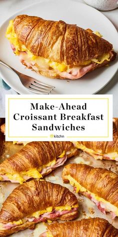 croissant breakfast sandwiches with ham and cheese on them are the perfect way to make ahead