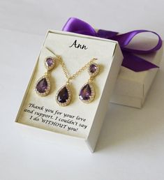 Purple plum bridesmaid jewelry set Dark purple bridesmaid | Etsy Purple Dangle Teardrop Earrings Gift, Elegant Purple Teardrop Pendant Jewelry, Mother's Day Formal Cubic Zirconia Jewelry Sets, Personalized Purple Jewelry For Gifts, Purple Drop Jewelry For Party, Formal Purple Drop Jewelry, Gold Teardrop Pendant Jewelry Sets As Gift, Elegant Lavender Teardrop Jewelry, Elegant Purple Jewelry For Wedding