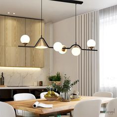 a dining room table with chairs and lights hanging from it's ceiling in front of a window