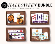 four wooden trays filled with halloween themed activities