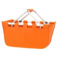 an orange shopping basket with the words happy halloween printed on it and two metal handles