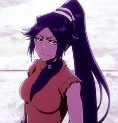 an anime character with long black hair wearing a red shirt and purple pants, standing in front of a white wall