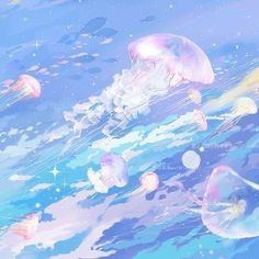 some jellyfish floating in the water with stars and clouds above them, as if they were looking at something