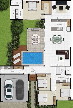 an aerial view of the floor plan of a house with swimming pool and outdoor furniture