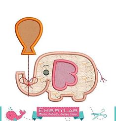 an elephant is flying with a balloon in its trunk and the letter e on it's back