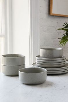 white dishes stacked on top of each other in front of a potted palm plant