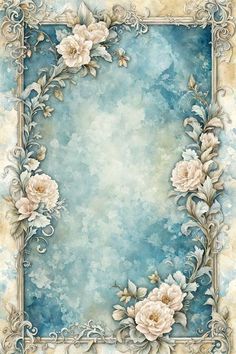 an ornate frame with flowers and leaves on a blue watercolor background, in the shape of a square