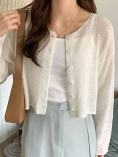 White Casual  Long Sleeve Acrylic Plain Cardigan Embellished High Stretch  Women Knitwear Cardigan Outfit Korean, White Cardigan Outfit, Drop Shoulder Cardigan, Cardigan Outfits, Mode Inspo, White Cardigan, 가을 패션, Casual Style Outfits