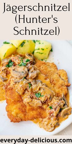 a white plate topped with meat covered in mushrooms