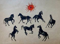 an image of horses running around in the room with sun on wall behind them,