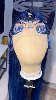 Blue Updo Wig, Christmas Wig Hairstyles, Blue Wig Hairstyles For Black Women, Royal Blue Wigs For Black Women, Dark Blue Wig Install, Unique Wig Styles, Blue Wig Outfit, Dark Blue Lace Front Wig, Birthday Lace Front Hairstyles