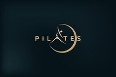 the logo for pilates is shown in gold and black colors on a dark background