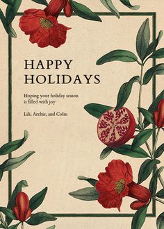 a holiday card with pomegranates and leaves on the front, says happy holidays