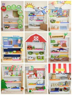 a collage of photos showing different shelves with toys in them and the words farm on each shelf