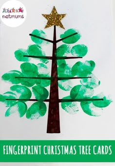 the fingerprint christmas tree card is made with green paper and gold stars on it