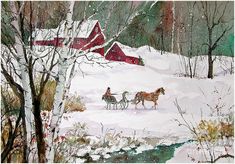 a painting of two horses pulling a sleigh across a snow covered field with a barn in the background