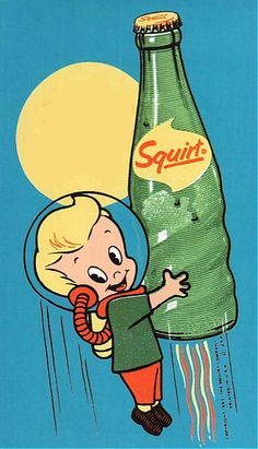 an old advertisement from the 1950's shows a boy holding a giant soda bottle