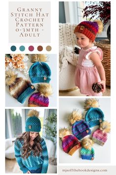 the crochet hat and mittens pattern is shown in three different colors, including blue