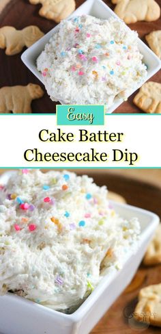 two pictures of cake batter cheesecake dip with sprinkles and cookies in the background