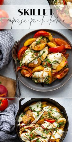 skillet with grilled chicken, potatoes and tomatoes in it on a plate next to an apple